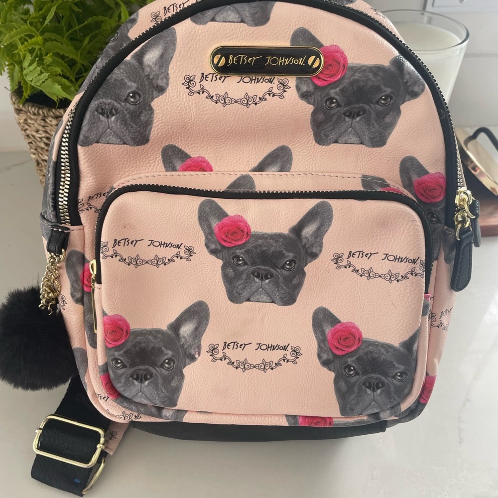 Betsey Johnson Small Pink French Bulldog Print Backpack